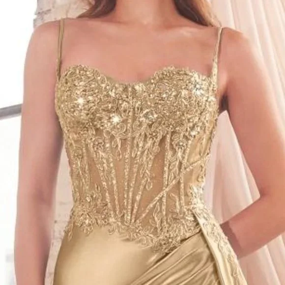 New Gold Sheath Ceremonial Dress w/ Side Drape & Sheer Corset Bodice CD868 - Picture 9 of 10